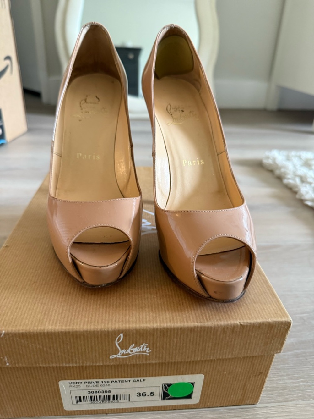 Christian Louboutin Nude Patent Peep-Toe Platform Pumps